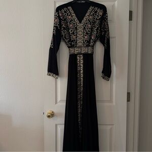 Black and Gold Embroidered Long Sleeve Dress